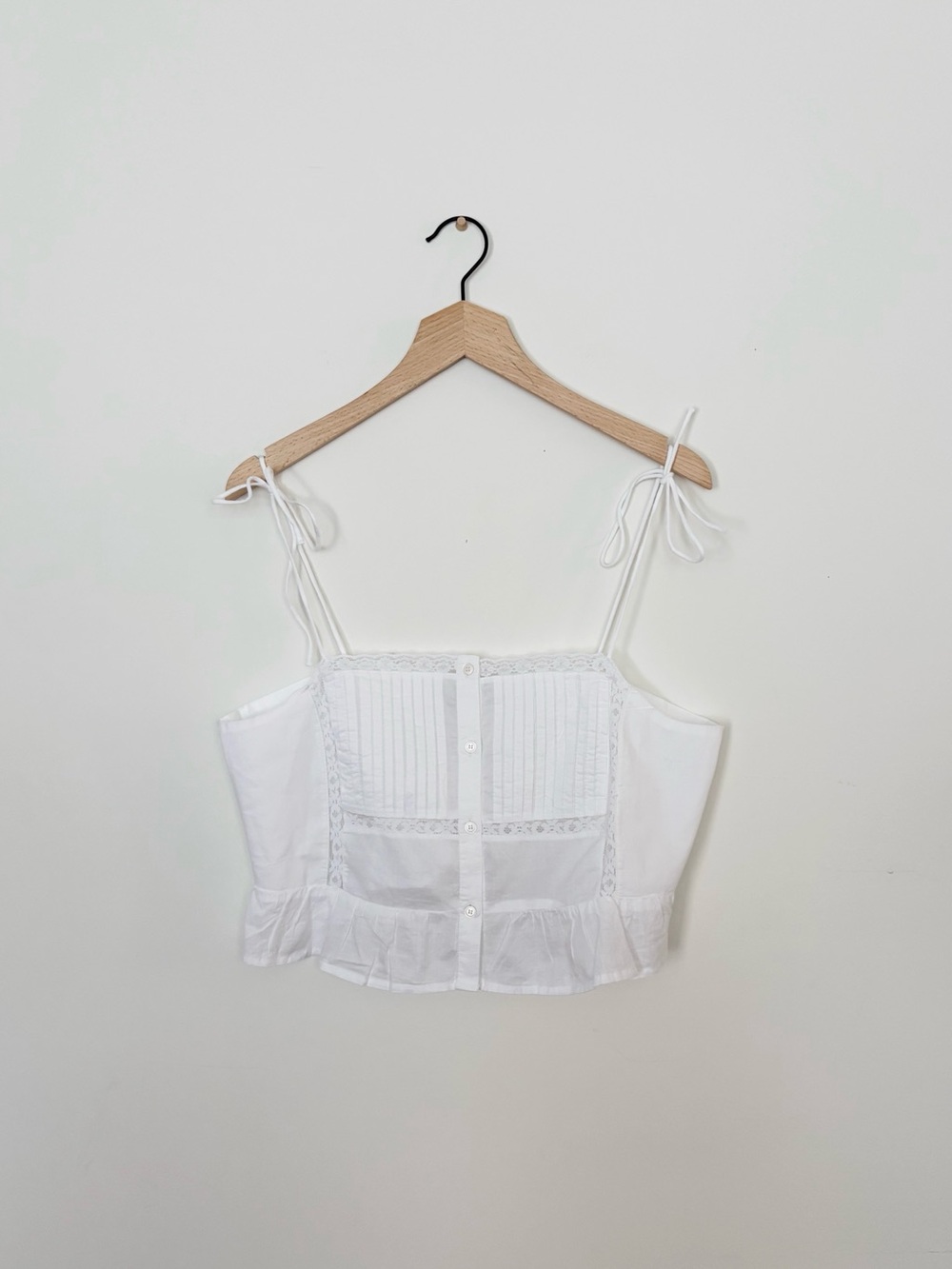 H&M Lace Ruffle-trimmed Shoulder-tie Pleated Cotton Cami in White Size Medium - Picture 6 of 9